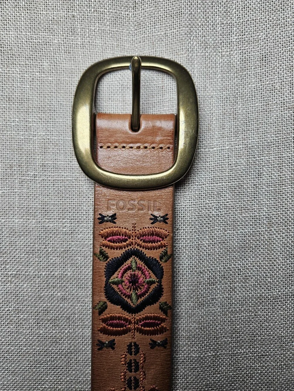 Fossil Brown Leather Belt with Brass Buckle